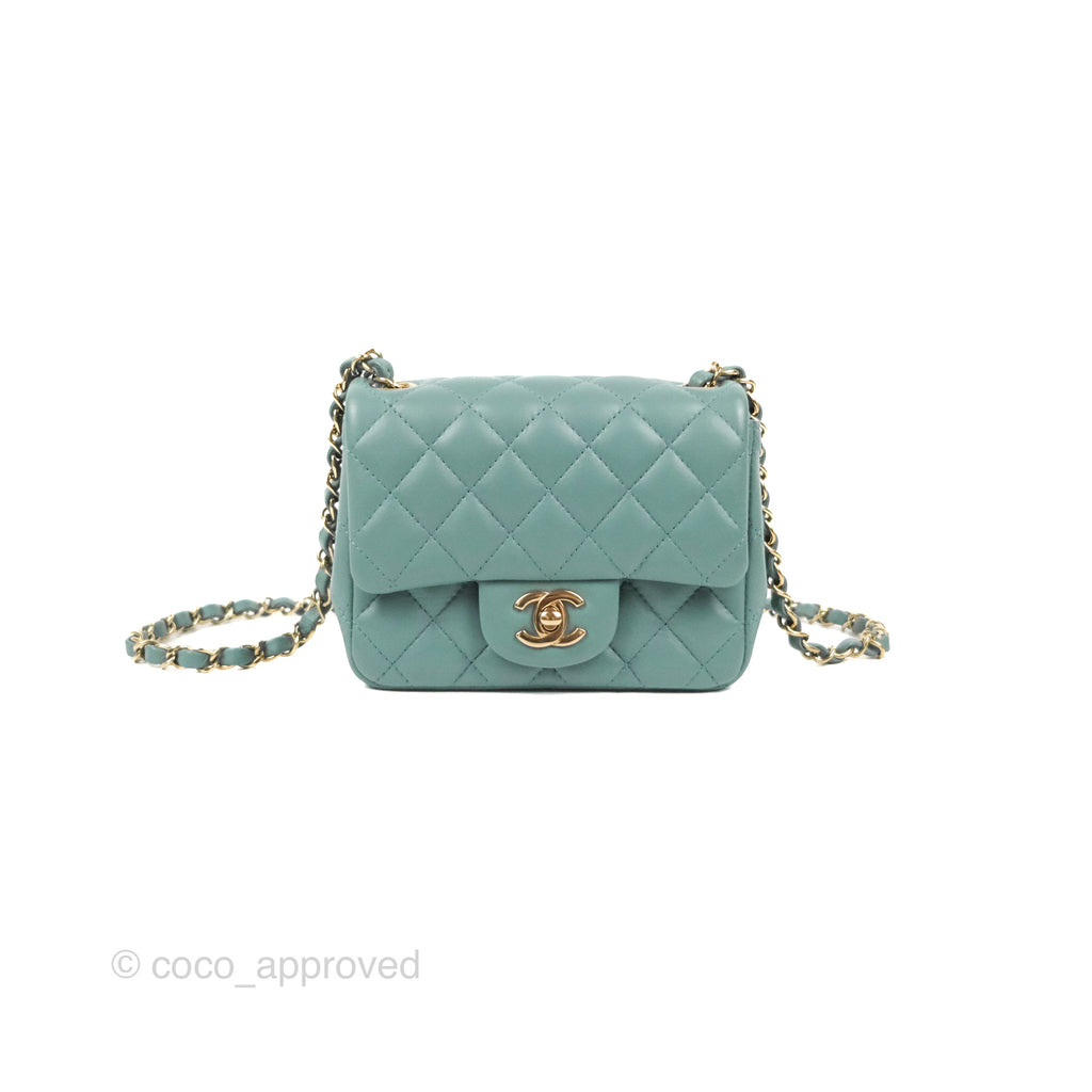 Chanel Quilted Mini Square Flap Tiffany Blue Lambskin Gold Hardware