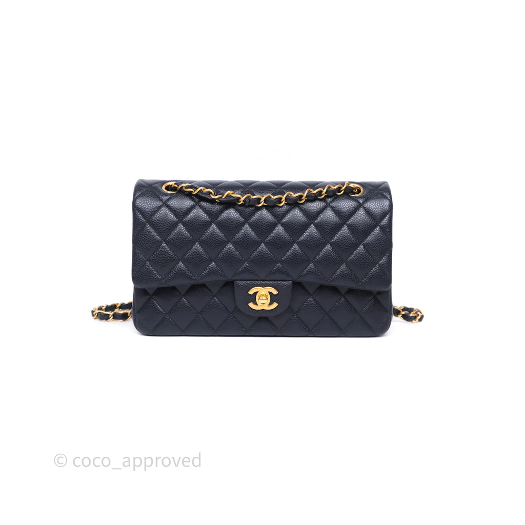 Chanel Classic M/L Medium Flap Quilted Navy Caviar Aged Gold Hardware