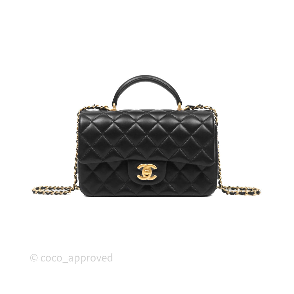 Chanel Top Handle Mini Rectangular Flap Black Lambskin Aged Gold Hardware