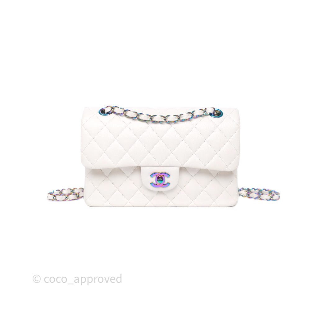 Chanel Small Classic Flap Quilted Ivory White Caviar Rainbow Hardware