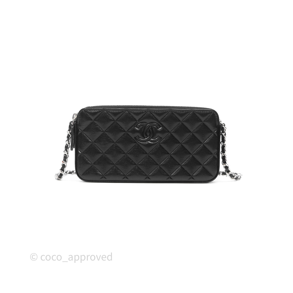 Chanel Double Zip Clutch With Chain Calfskin Black Silver Hardware