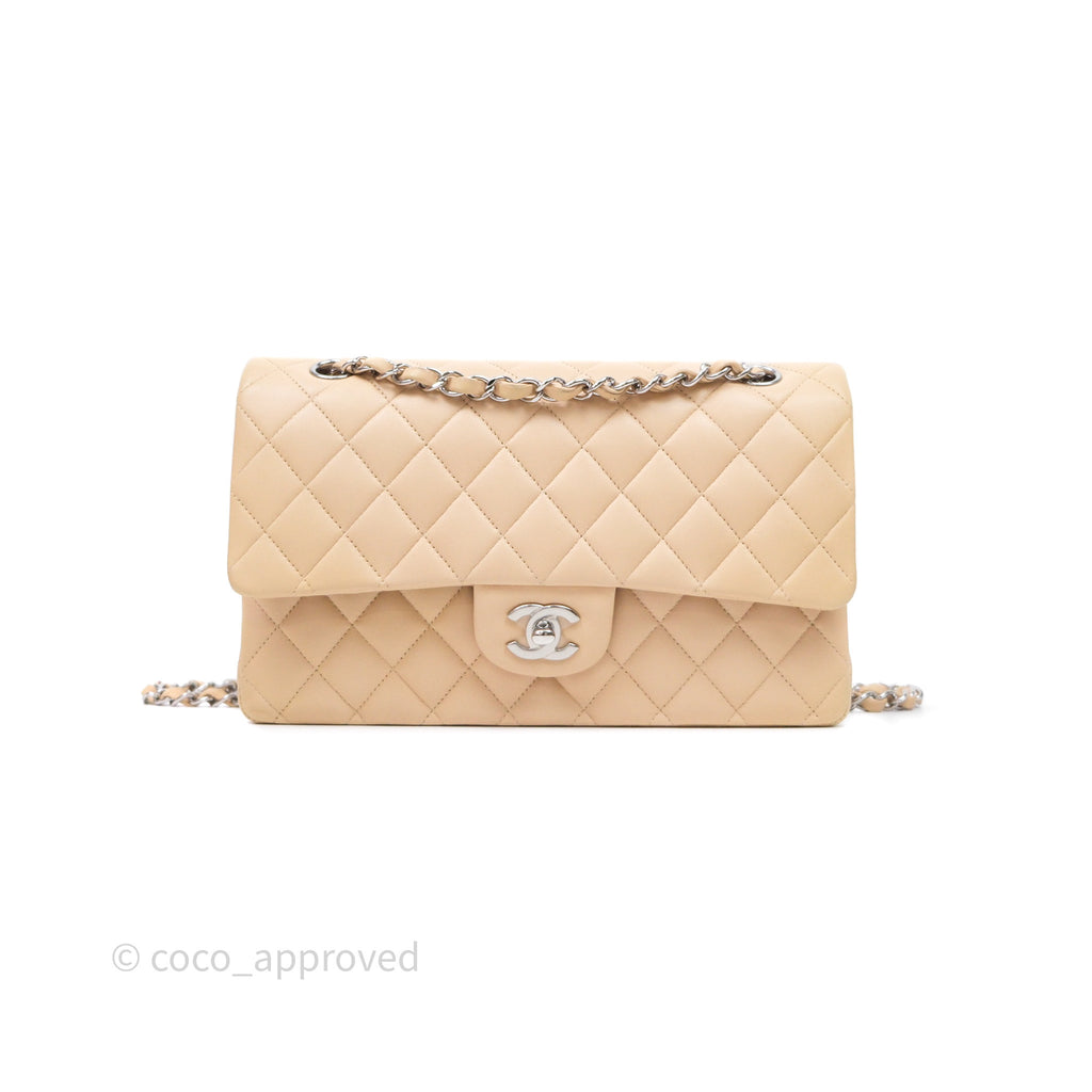 Chanel Classic M/L Medium Flap Quilted Beige Lambskin Silver Hardware