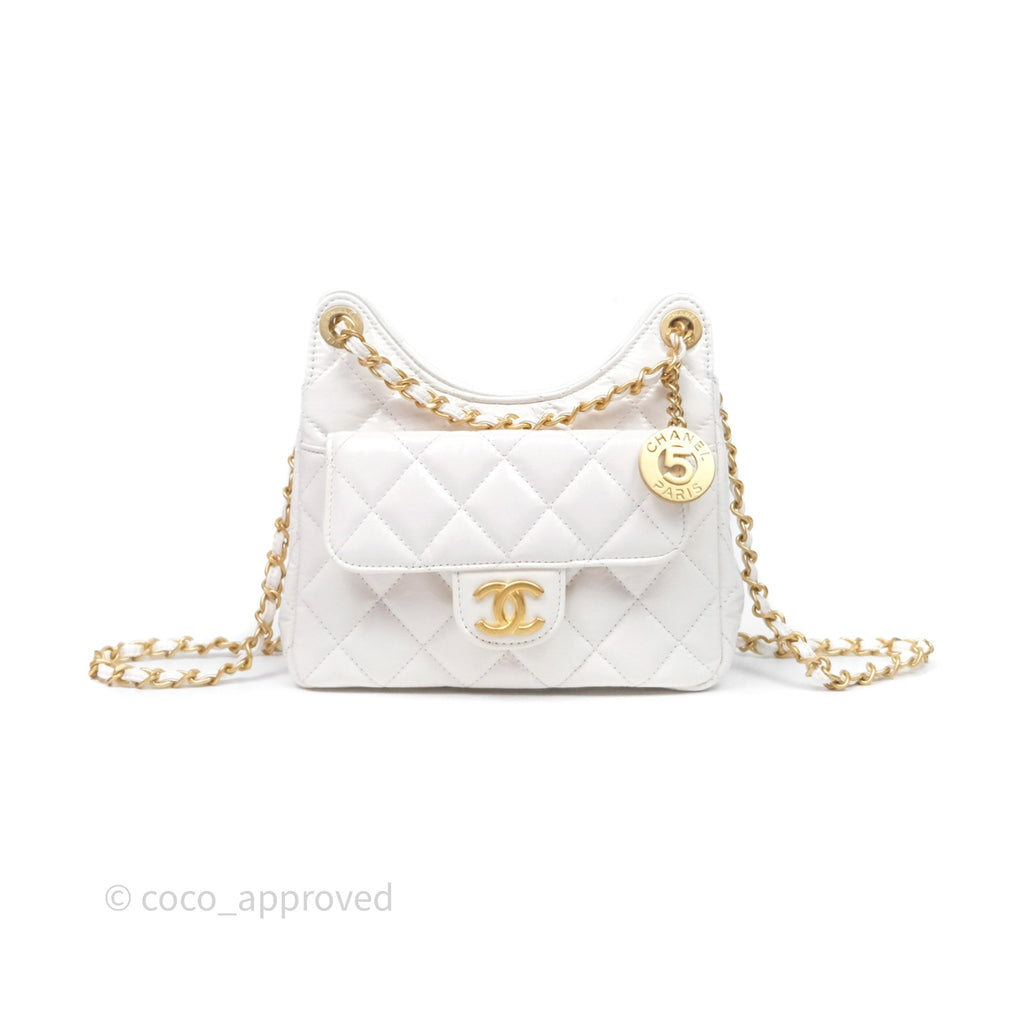 Chanel Small Wavy CC Hobo White Shiny Crumpled Calfskin Aged