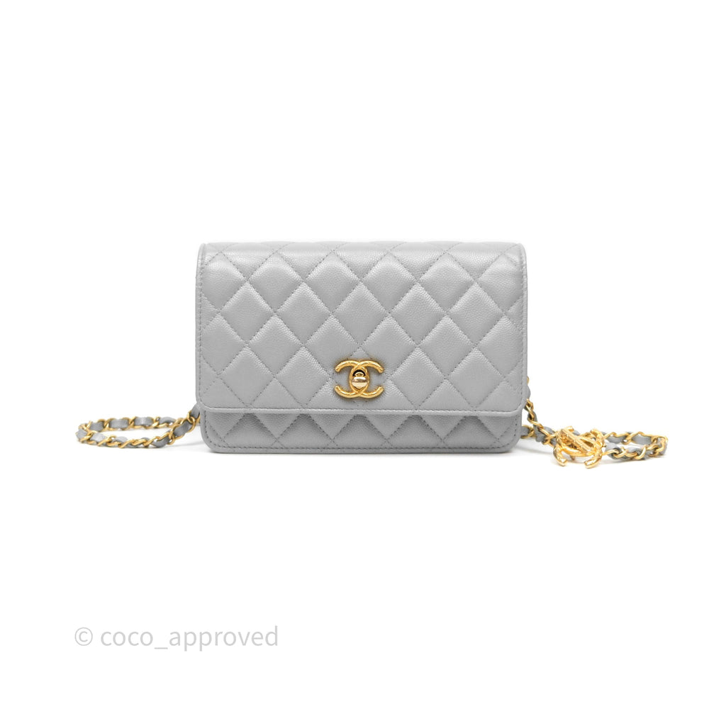 Chanel Wallet On Chain WOC Adjustable CC Chain Grey Iridescent Caviar Aged Gold Hardware