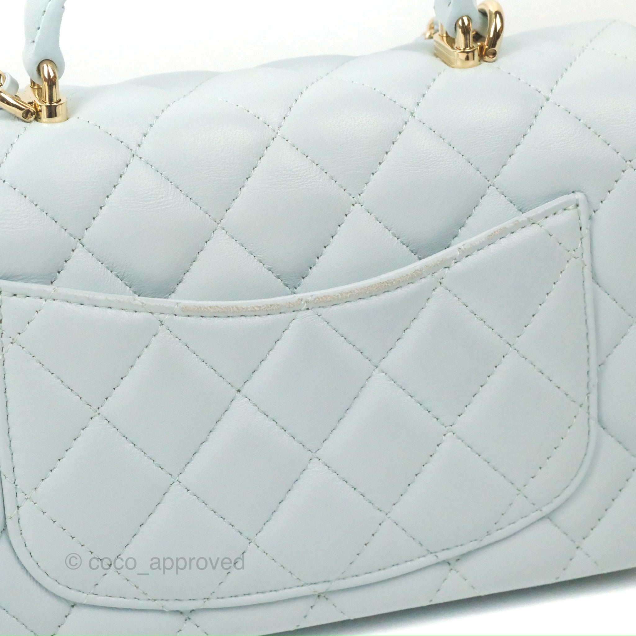 Chanel Top Handle Mini Rectangular Flap Bag Light Blue Lambskin Gold H –  Coco Approved Studio