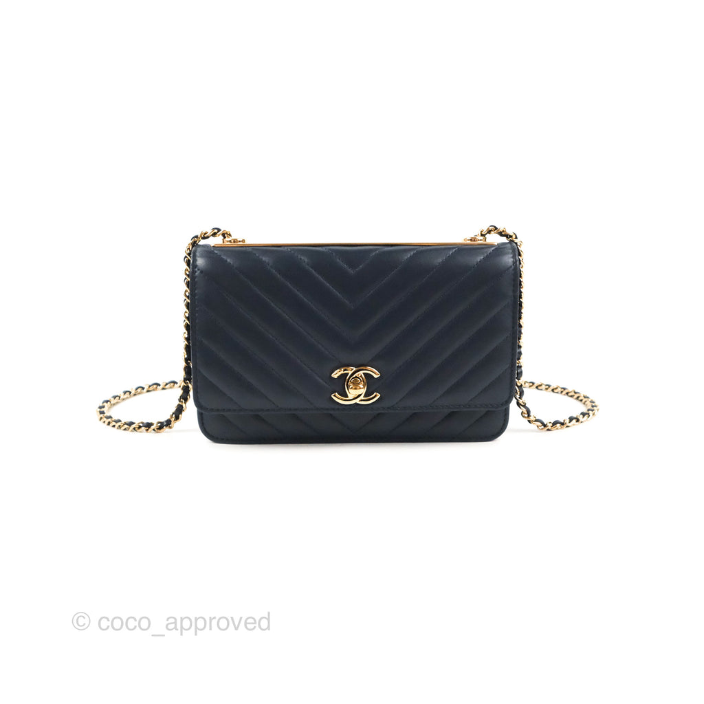 Chanel Trendy CC WOC Wallet on Chain Chevron Navy Lambskin Gold Hardware