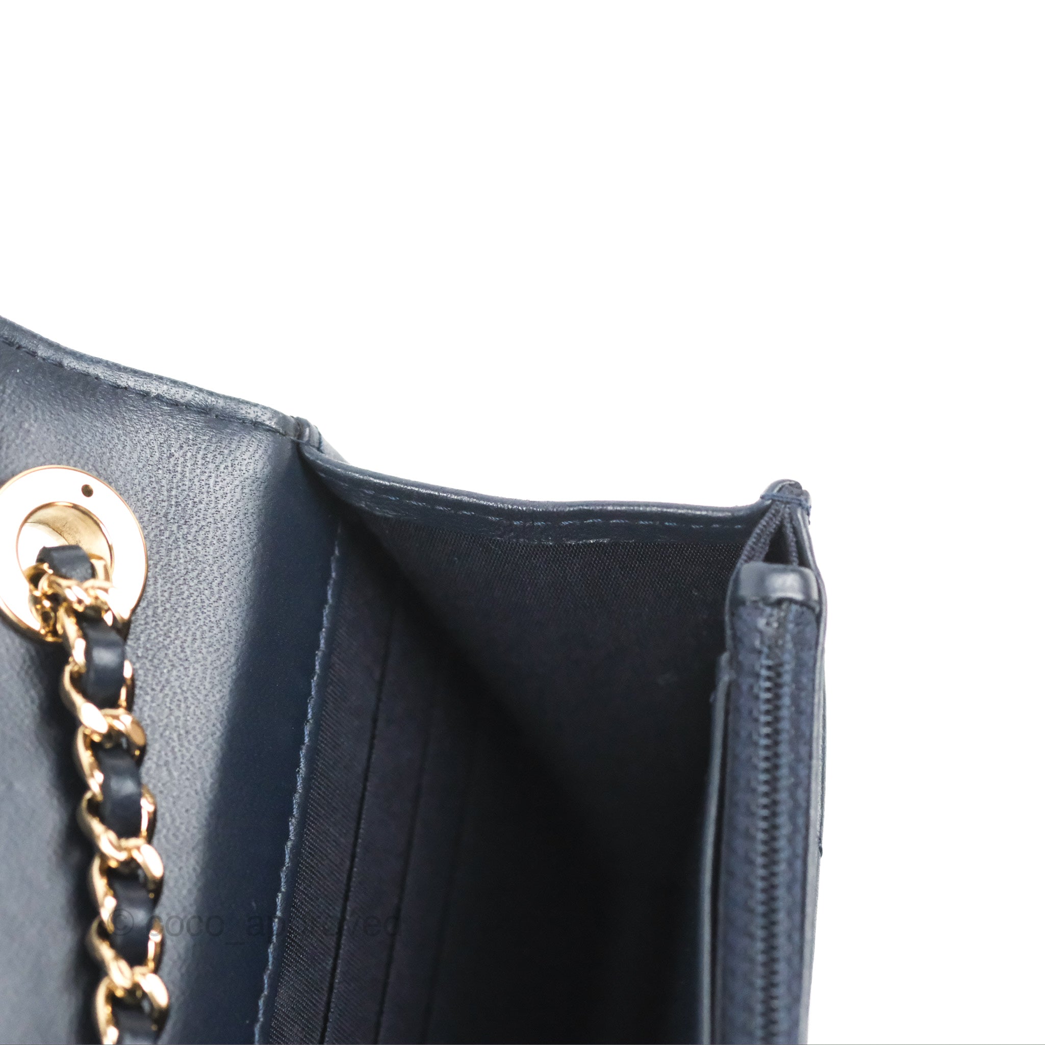 Chanel Square WOC Wallet On Chain Blue Lambskin Chevron Gold Hardware –  Coco Approved Studio