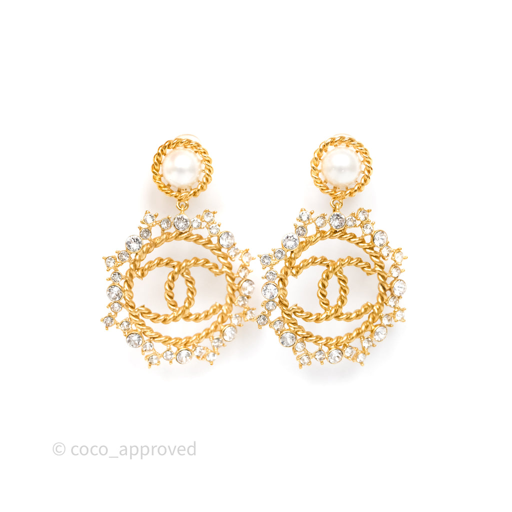 Chanel Crystal Round CC Pearl Drop Ear Clip Gold Tone 20B