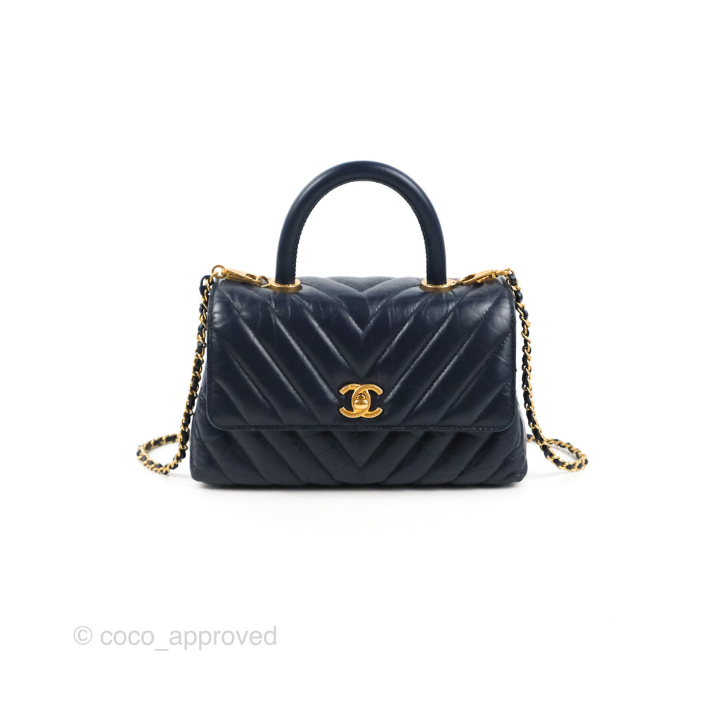 Chanel Small Coco Handle Chevron Navy Crumpled Leather Aged Gold Hardware