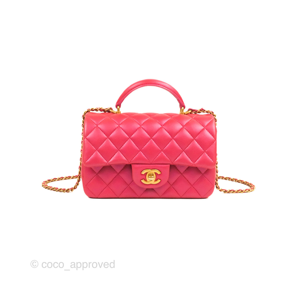 Chanel Top Handle Mini Rectangular Flap Bag Iridescent Dark Pink Lambskin Aged Gold Hardware