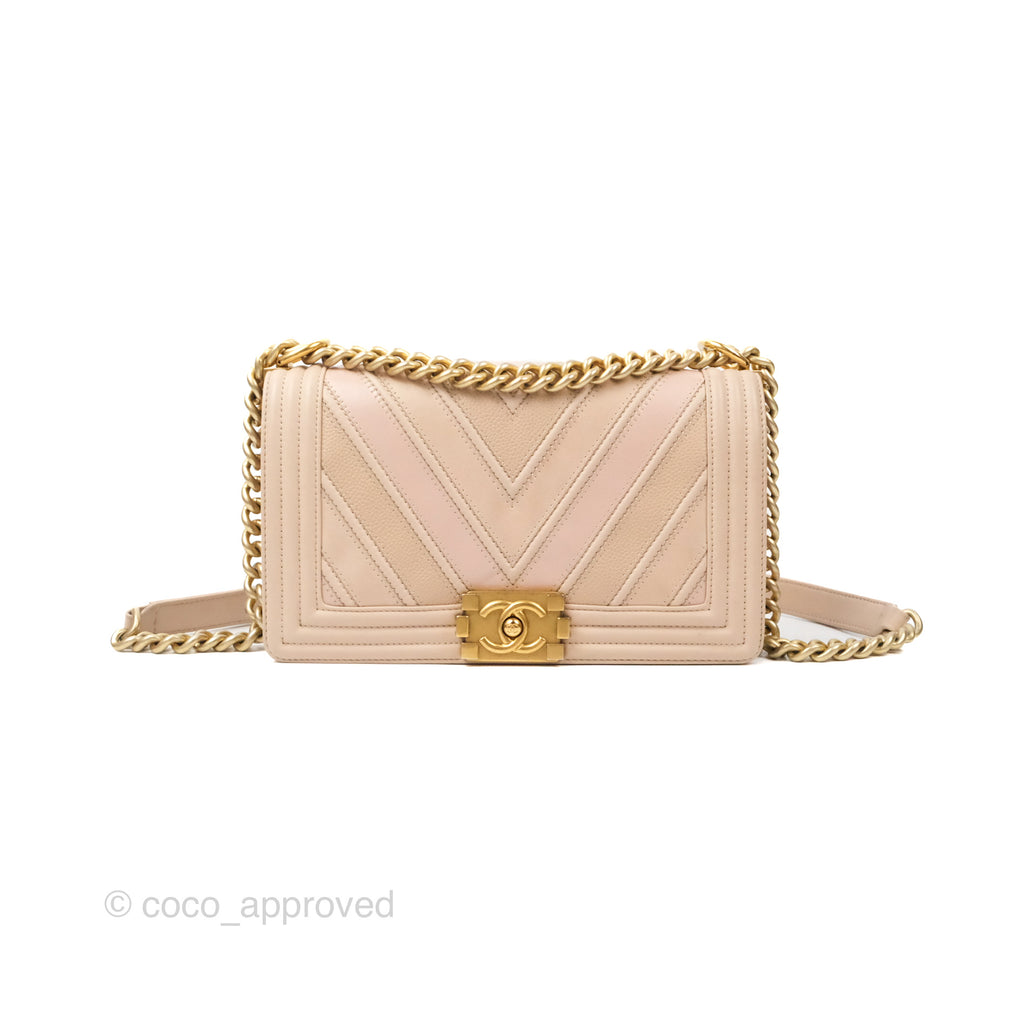 Chanel Chevron Medium Boy Beige Pink Suede Calfskin Aged Gold Hardware