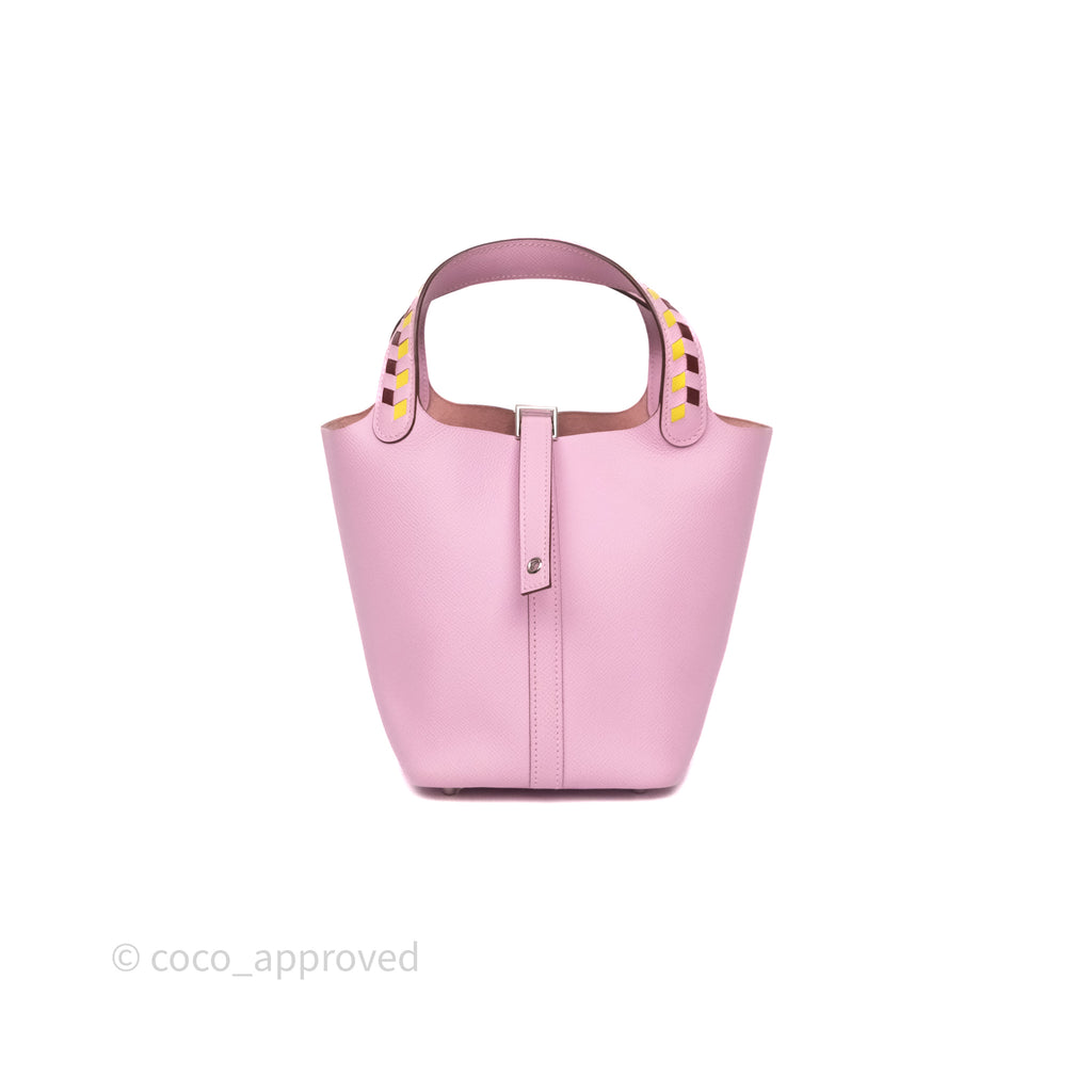 Hermès Tressage De Cuir Picotin Lock 18 Mauve Sylvestre X9/ Jaune de Naples 9O/Rouge H 55 Epsom Palladium Hardware
