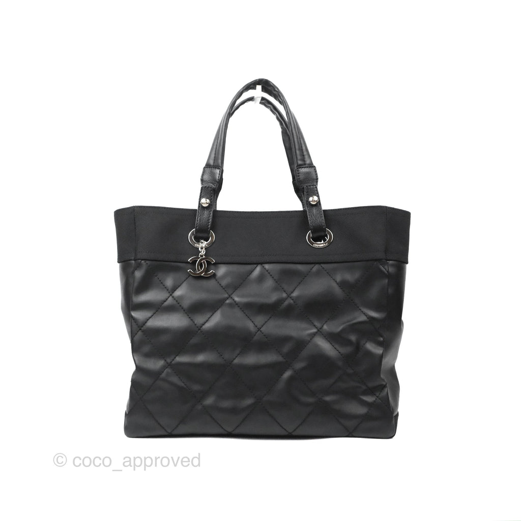 Chanel Quilted Paris Biarritz Tote MM Black Coated Canvas