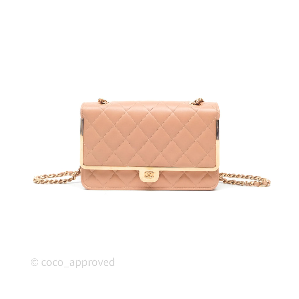 Chanel Quilted Frame Wallet On Chain WOC Beige Lambskin Rose Gold Hardware