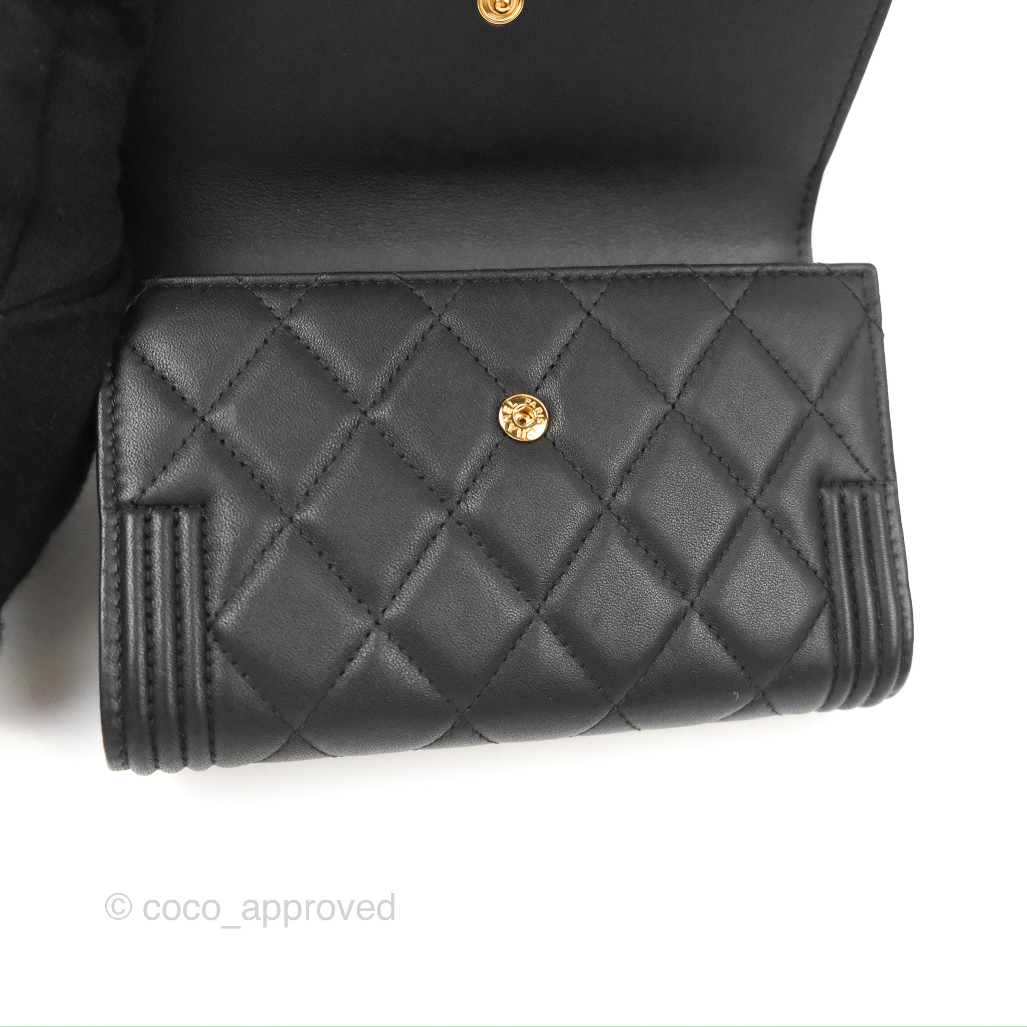 Chanel Quilted Boy Medium Trifold Flap Wallet Black Lambskin Aged