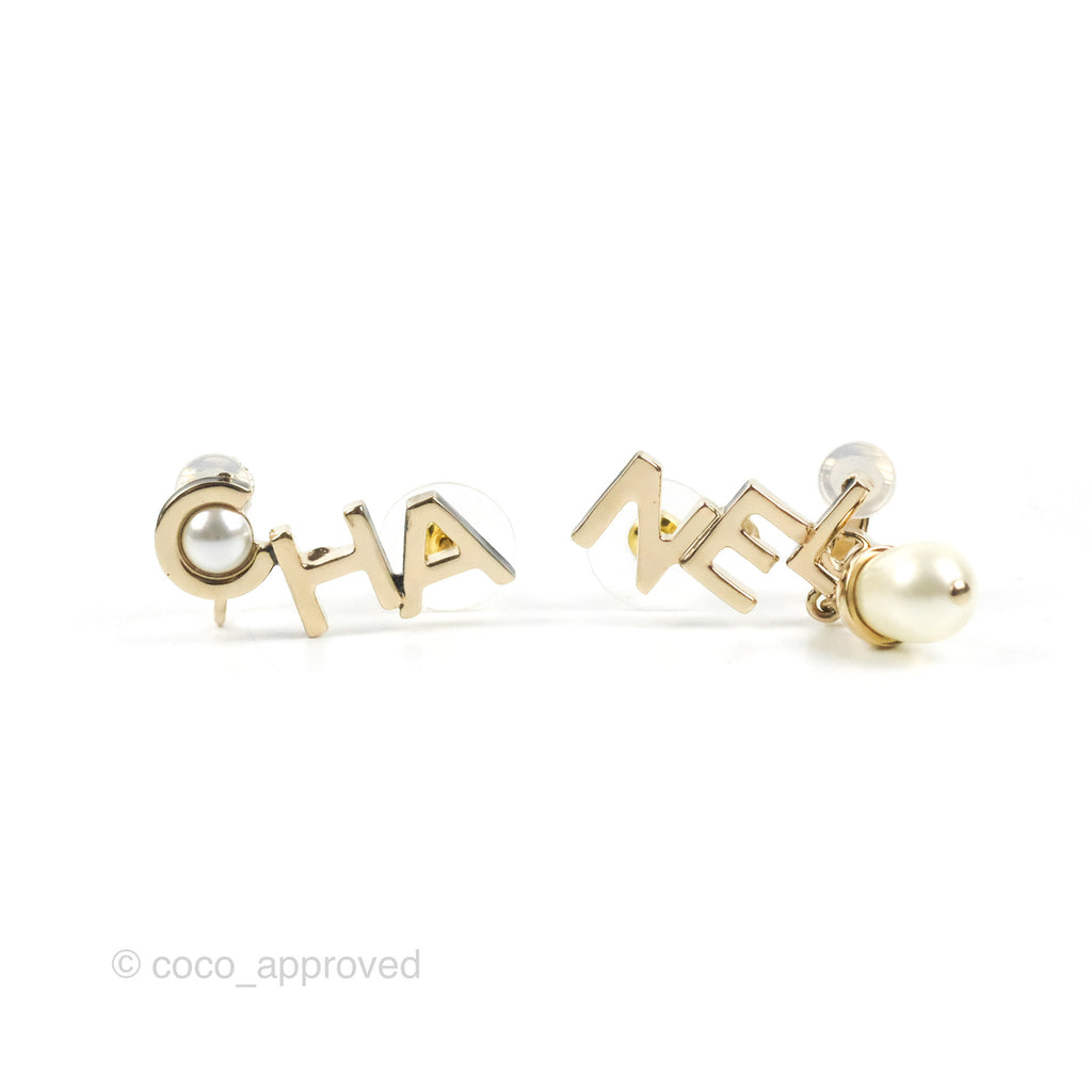 Chanel Logo Pearl Earrings & Ear Clips Gold Tone 22K