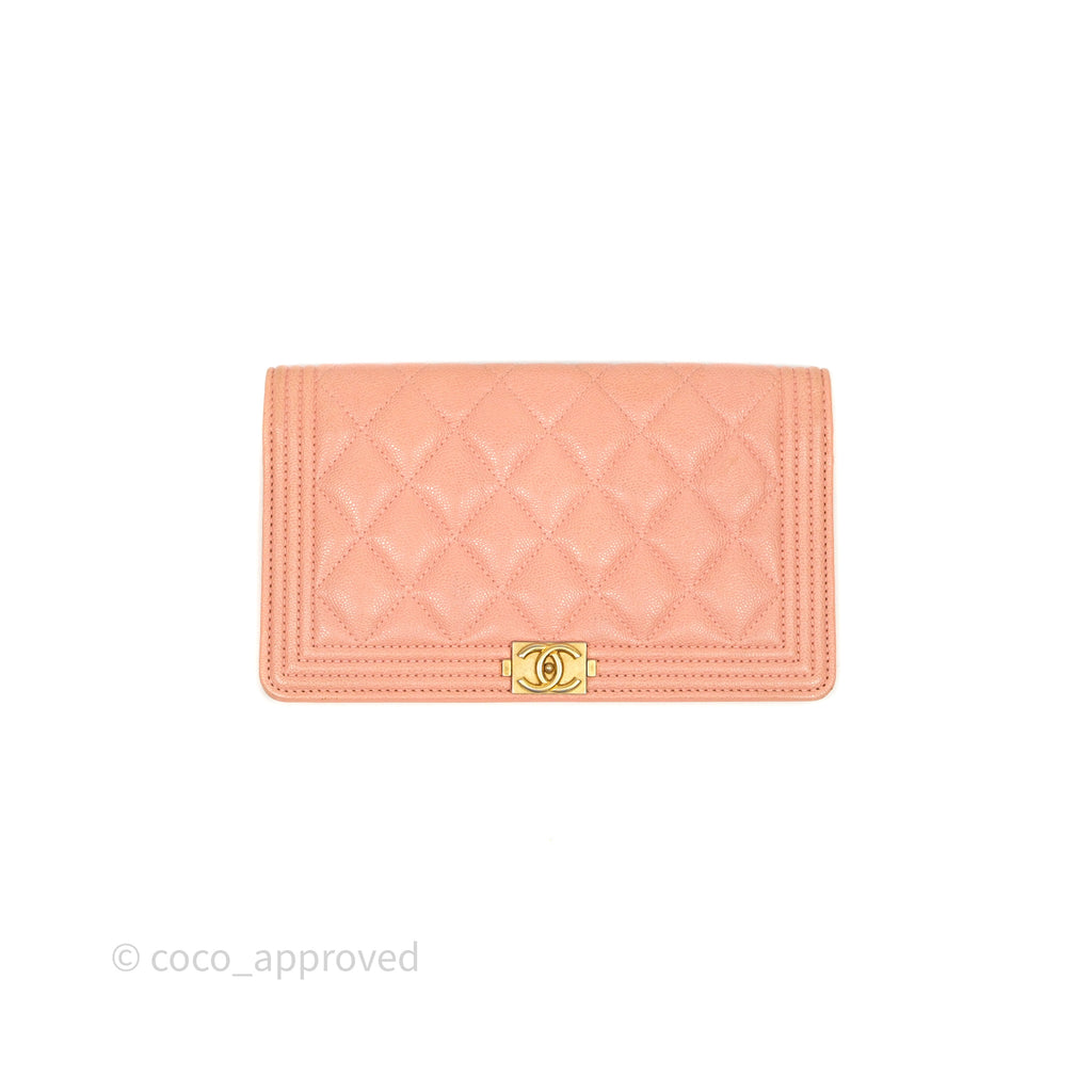 Chanel Boy Quilted Long Wallet Peach Caviar Aged Gold Hardware