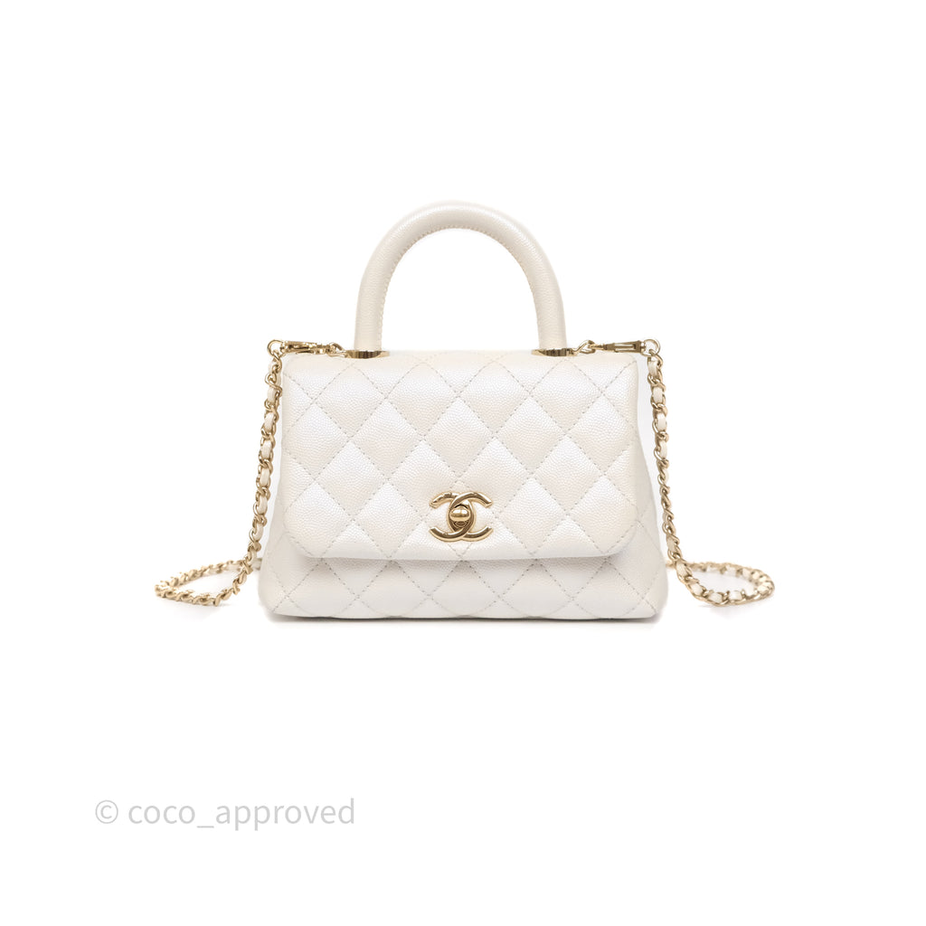Chanel Mini Coco Handle Quilted Iridescent White Caviar Gold Hardware