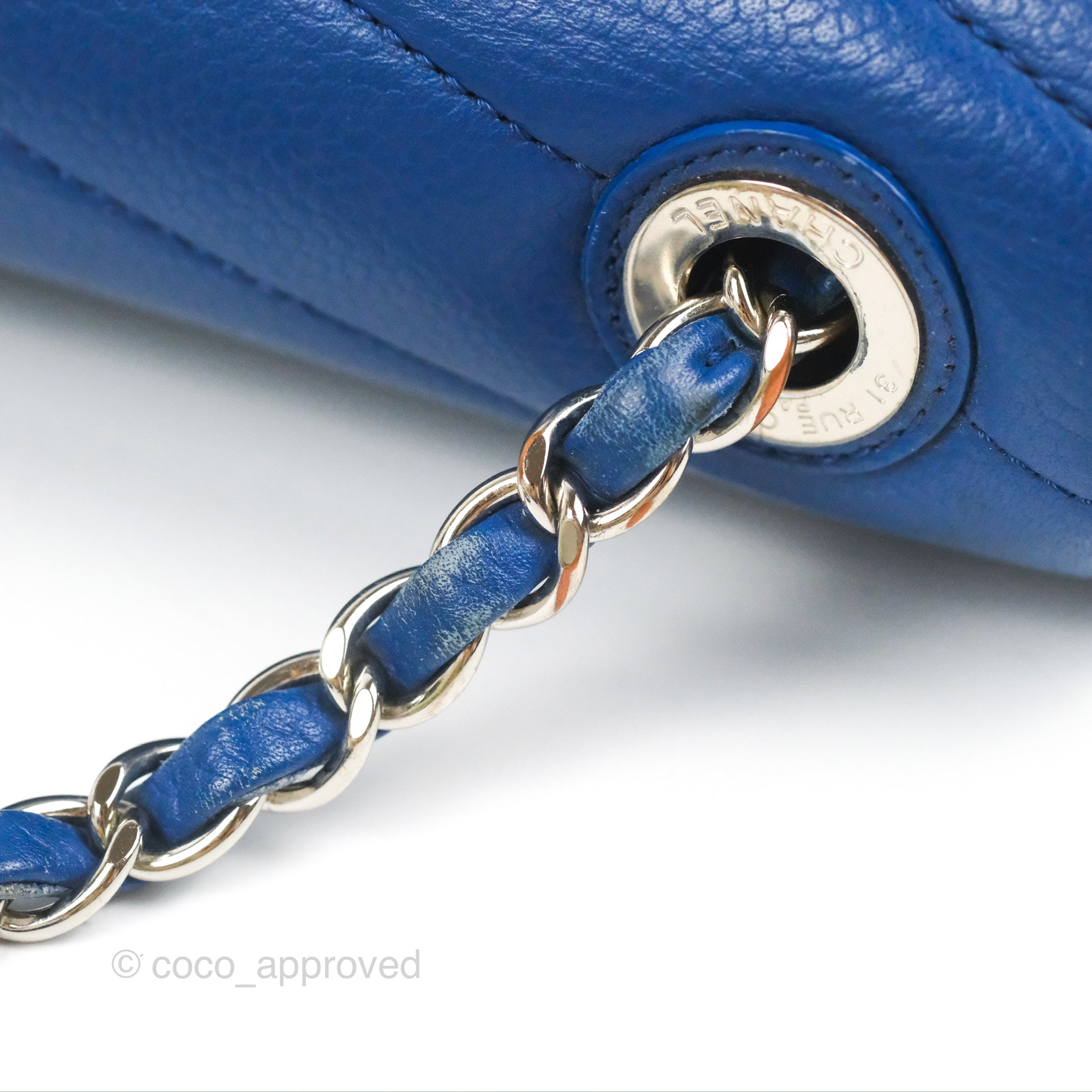 Chanel Chevron Flap Blue Grained Calfskin Silver Hardware – Coco
