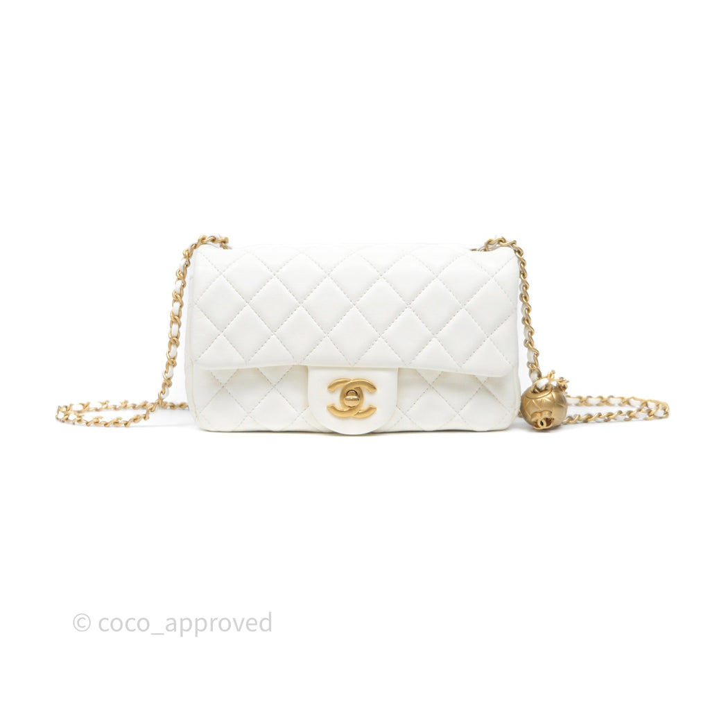 Chanel Mini Rectangular Pearl Crush Quilted White Lambskin Aged Gold Hardware