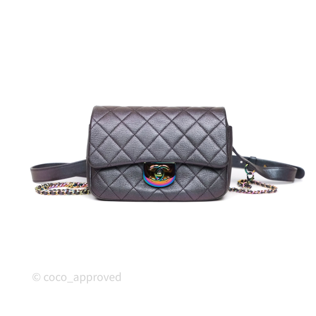 Chanel Quilted Double Carry Waist Chain Flap Iridescent Purple Goatskin Rainbow Hardware