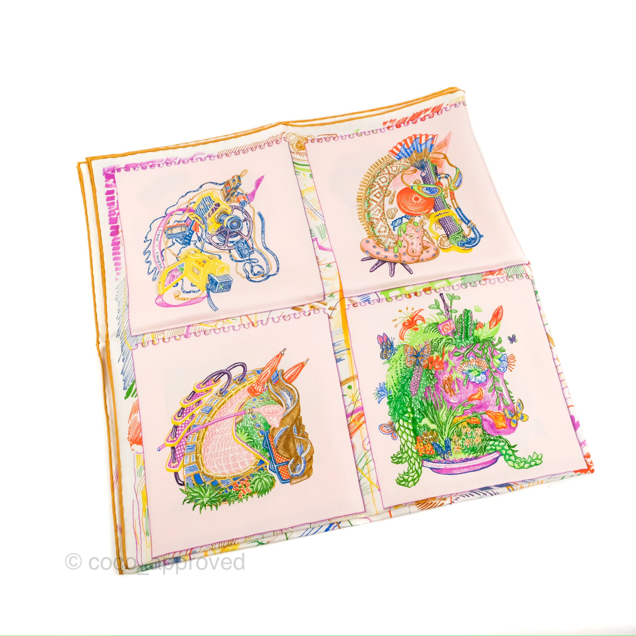 Hermès Chevaloscope Silk Scarf 90 Rose Nacre / Vert / Multicolore