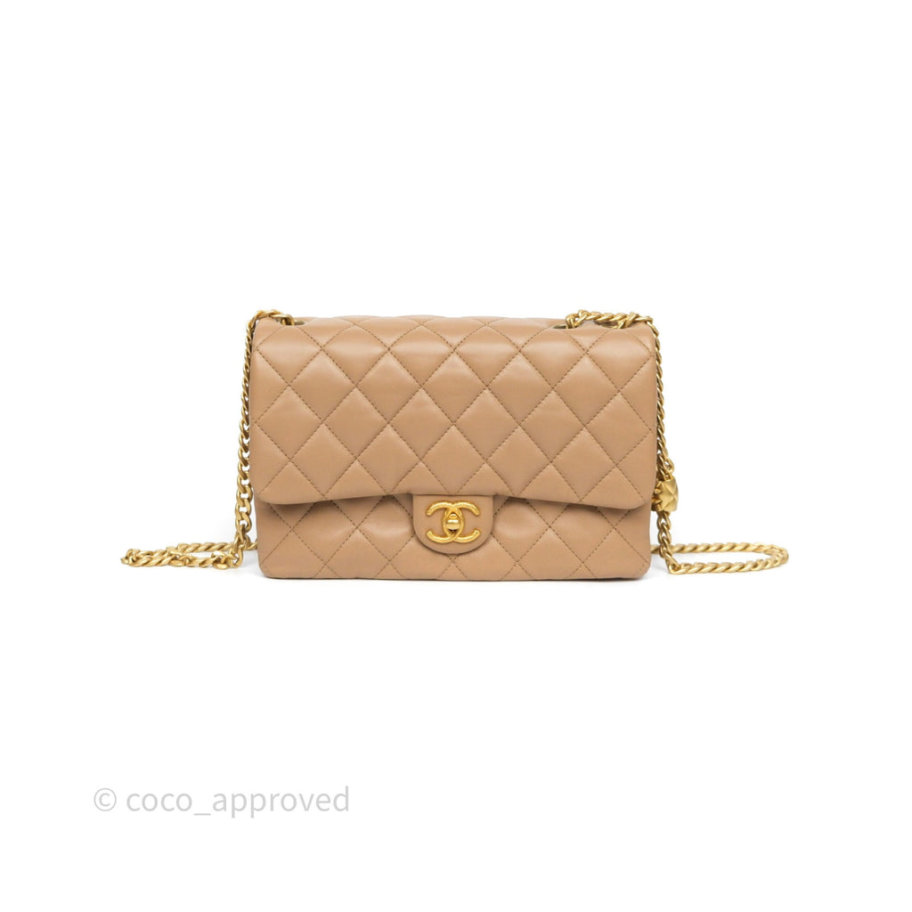 Chanel Medium All Slide Adjustable Chain Flap Beige Lambskin Aged Gold Hardware