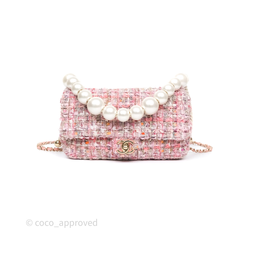 Chanel Pink Tweed Flap Bag With Large Pearl Handle Gold Hardware
