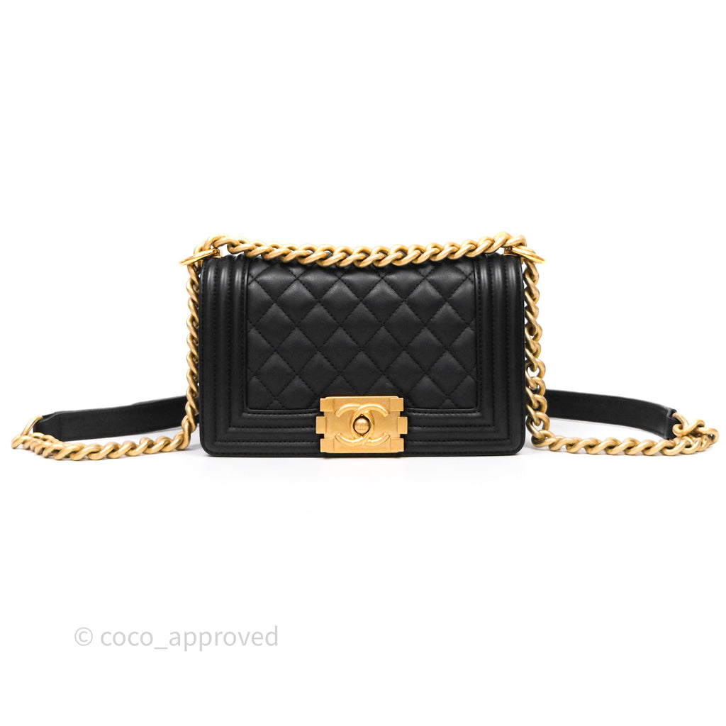 Chanel Small Boy Quilted Black Calfskin Aged Gold Hardware