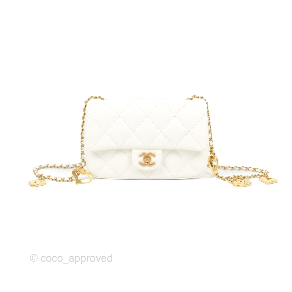 Chanel Mini Flap Bag With Heart CC Charm White Lambskin Aged Gold Hardware