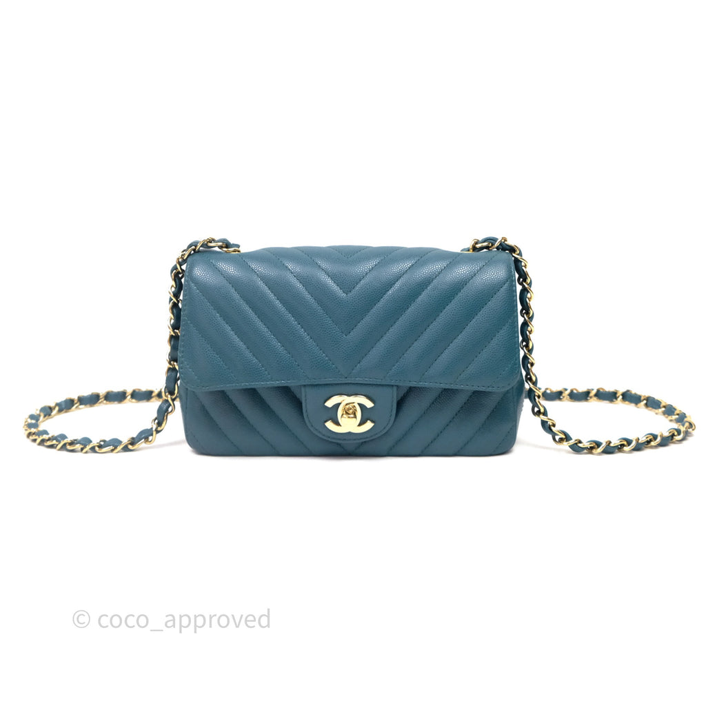 Chanel Mini Rectangular Chevron Caviar Flap Bag Green Gold Hardware