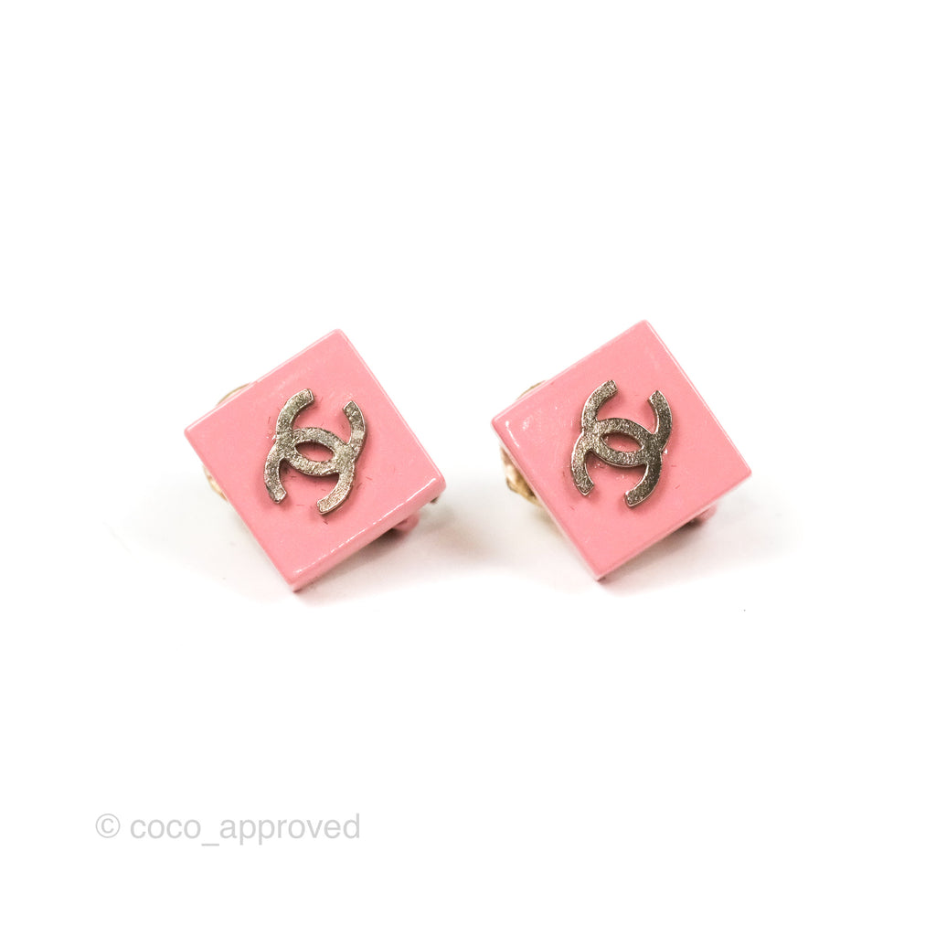 Chanel Vintage CC Pink Square Ear Clips Silver Tone