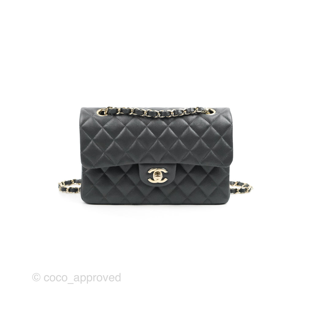 Chanel Small Classic Quilted Flap Dark Grey Caviar Gold Hardware