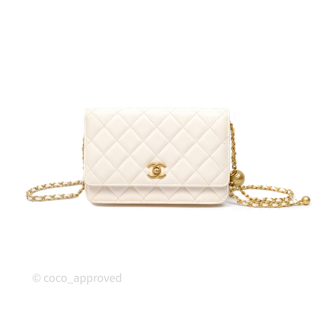 Chanel Quilted Pearl Crush Wallet on Chain WOC Ivory White Lambskin Aged Gold Hardware
