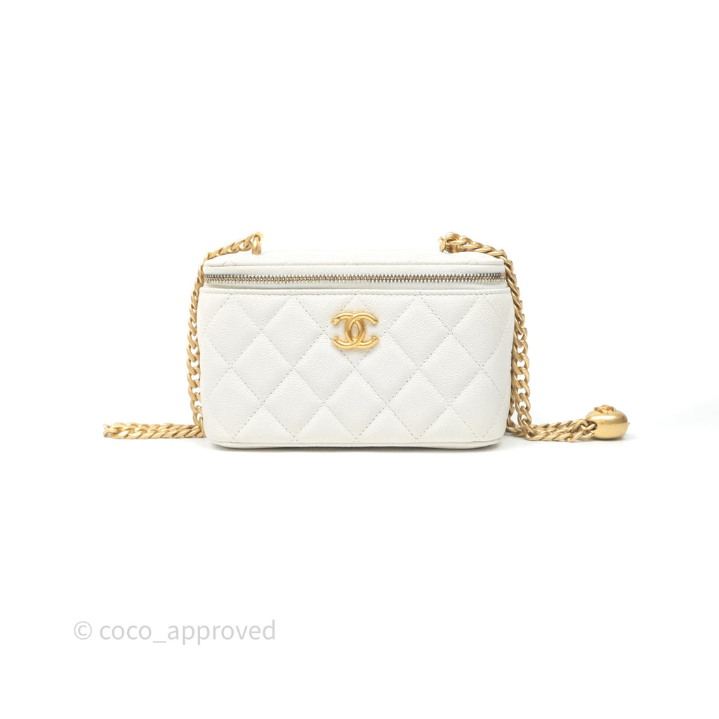 Chanel Vanity with Heart Adjustable Chain White Caviar Aged Gold Hardware