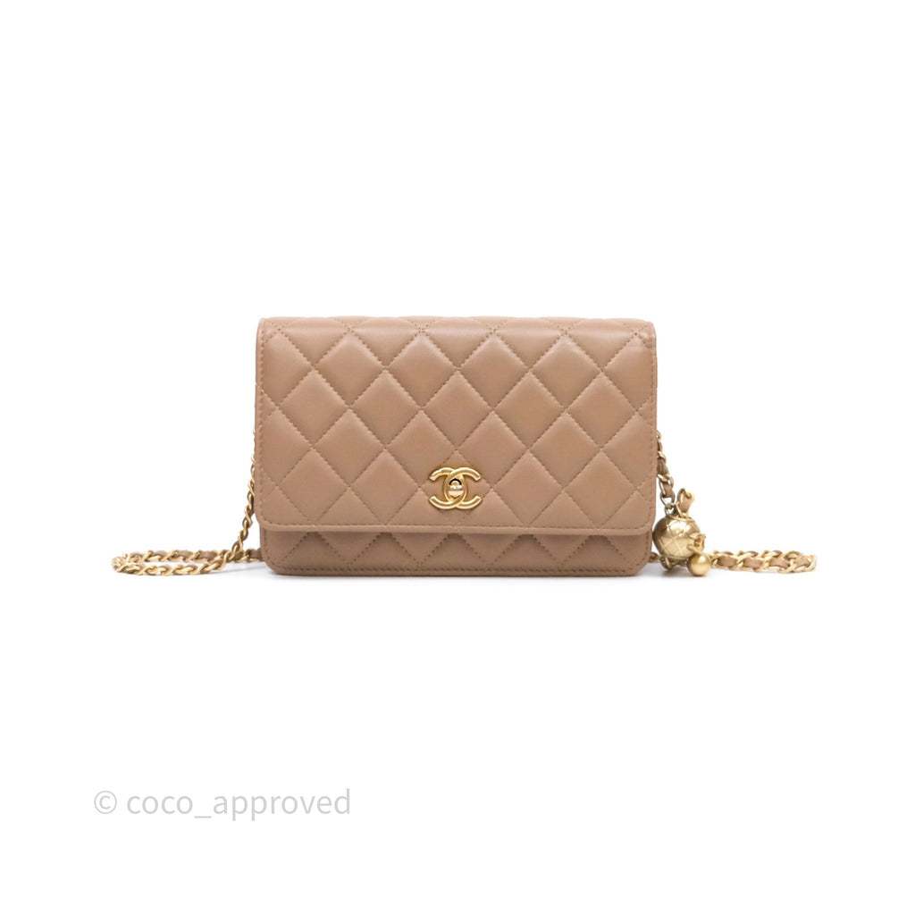 Chanel Pearl Crush Wallet on Chain WOC Quilted Beige Lambskin Aged Gold Hardware