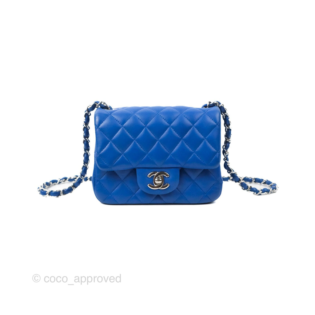 Chanel Quilted Mini Square Blue Lambskin Silver Hardware