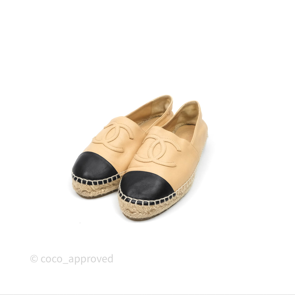 Chanel CC Espadrilles Beige Black Lambskin Size 37