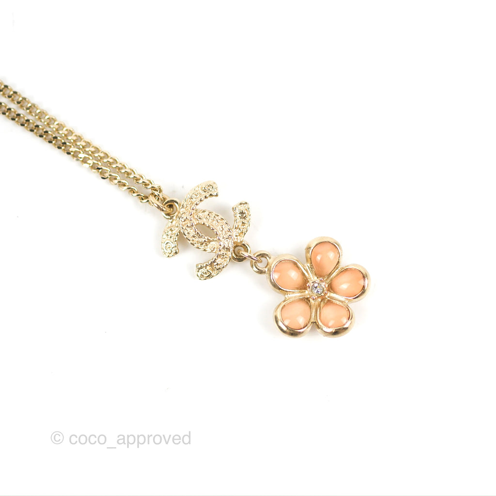 Chanel CC Crystal Flower Drop Necklace Gold Tone 18C