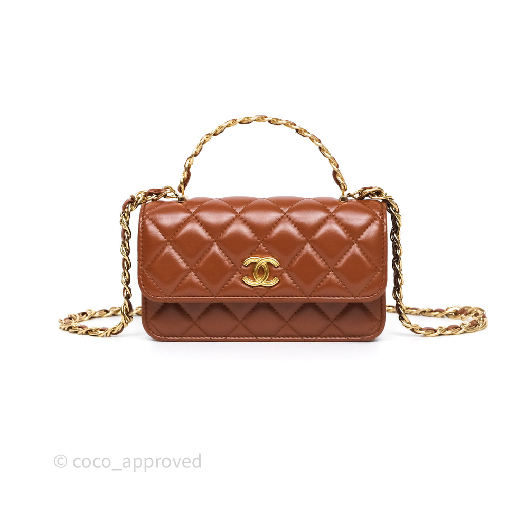 chanel mini phone holder backpack Chanel Top Handle Mini WOC Phone Holder with Chain Dark Caramel Lambsk – Coco Approved Studio