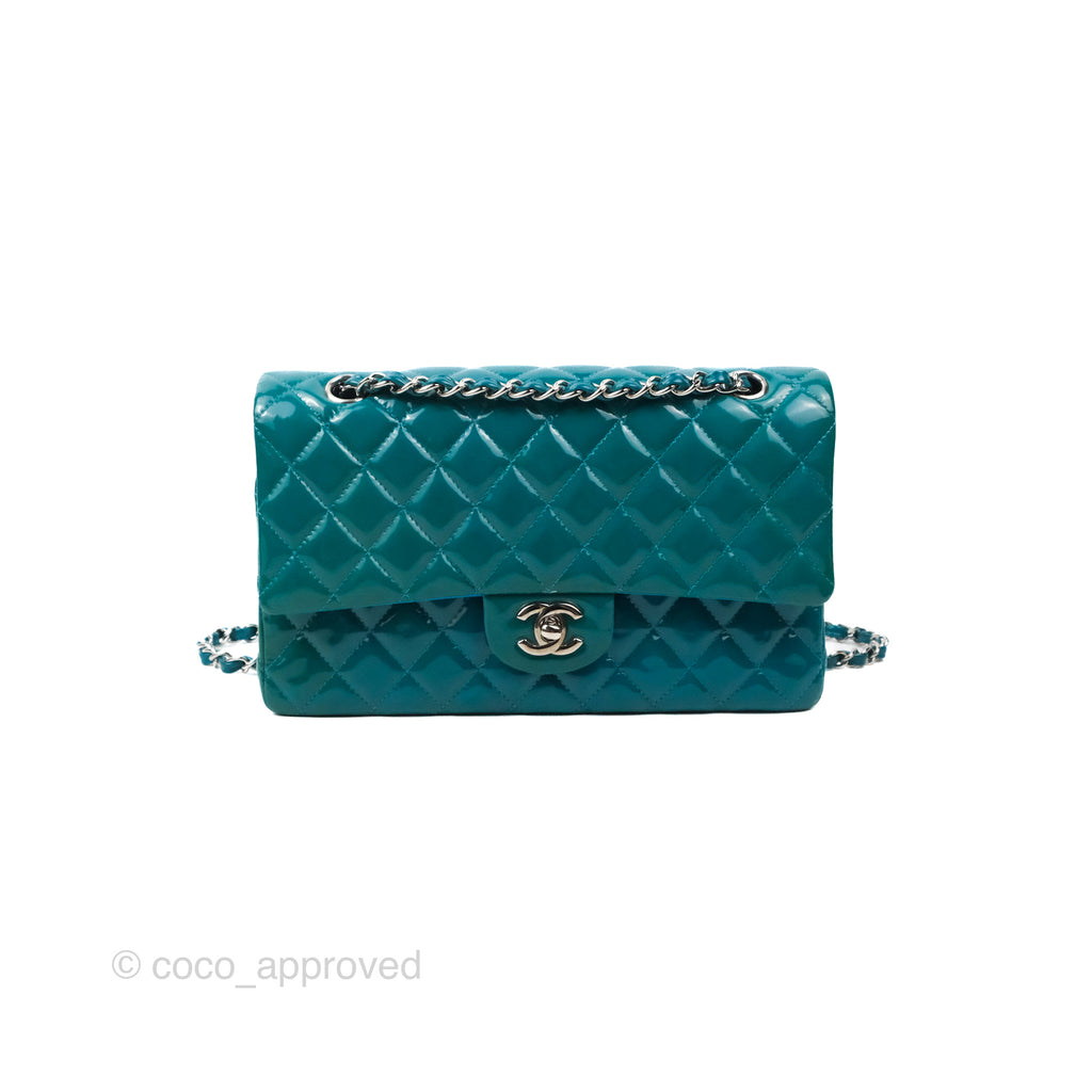 Chanel Classic M/L Medium Flap Quilted Turquoise Patent Silver Hardware