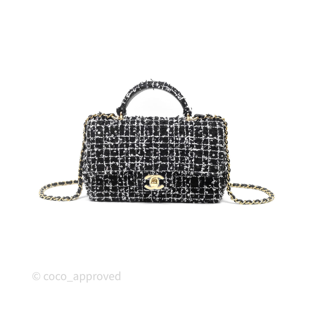 Chanel Top Handle Mini Rectangular Flap Black/ White Sequin Tweed Gold Hardware