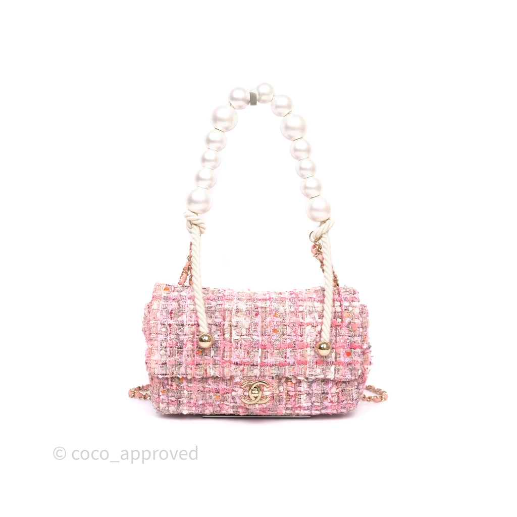 Chanel Pink Tweed Flap Bag With Large Pearl Handle Gold Hardware