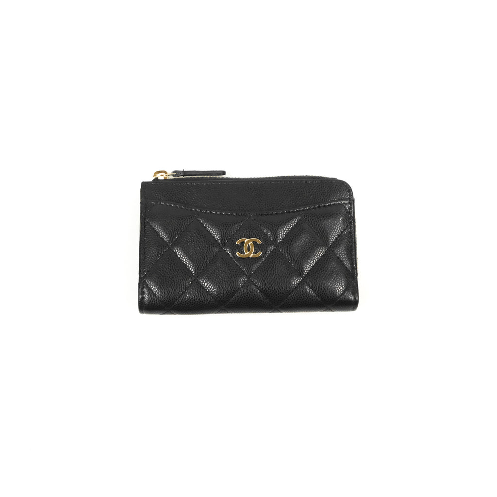 Chanel Quilted Zip Card Holder Black Caviar Gold Hardware 23S