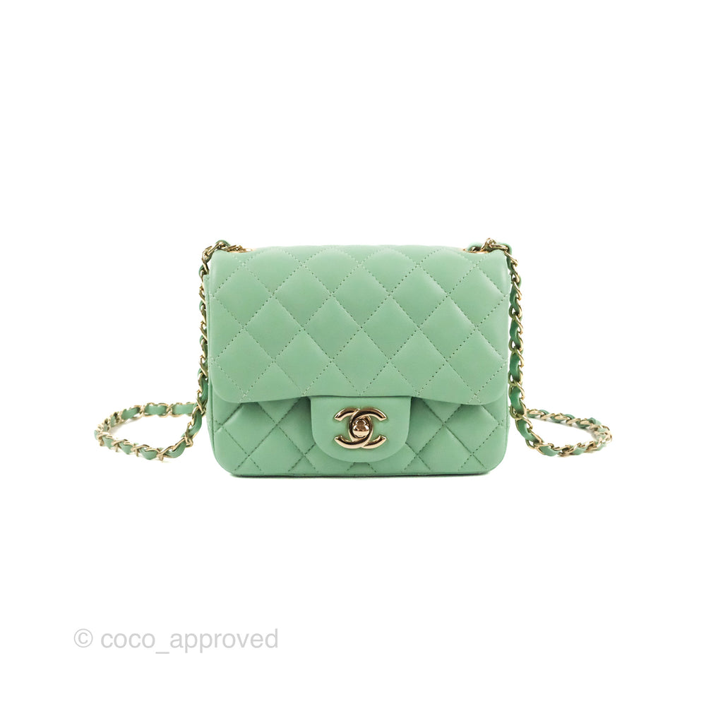 Chanel Quilted Mini Square Light Green Lambskin Gold Hardware