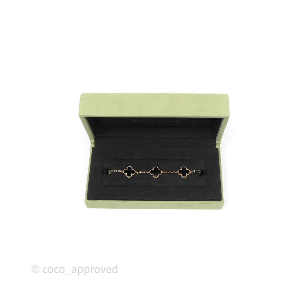 Van Cleef & Aprels 18k Gold and Black Onyx Vintage Alhambra 5 Motif Bracelet Yellow Gold