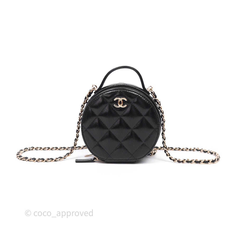 Chanel Mini Round Vanity Bag Handle With Care Black Glazed Lambskin Gold Hardware
