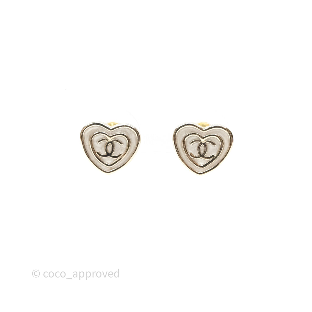 Chanel CC Heart Earrings White Gold Tone 24S