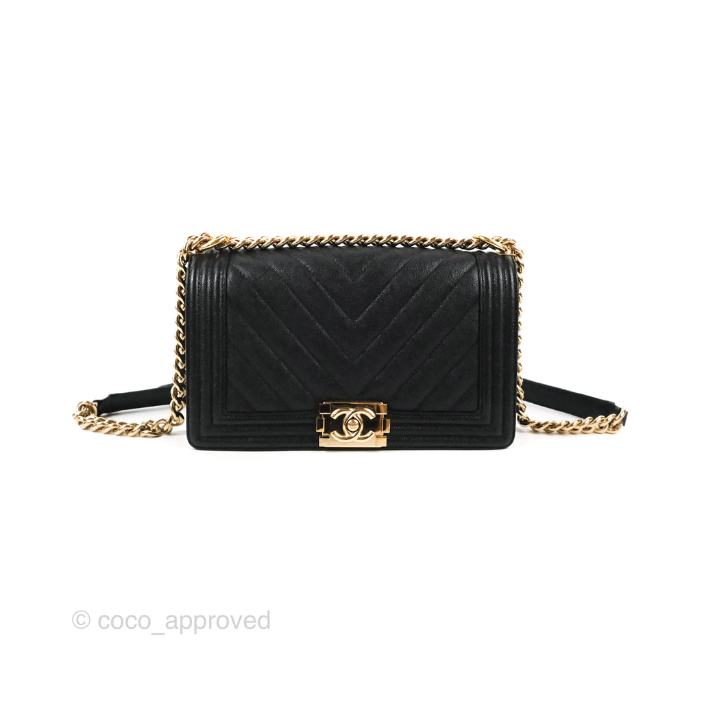 Chanel Medium Boy Chevron Black Caviar Gold Hardware