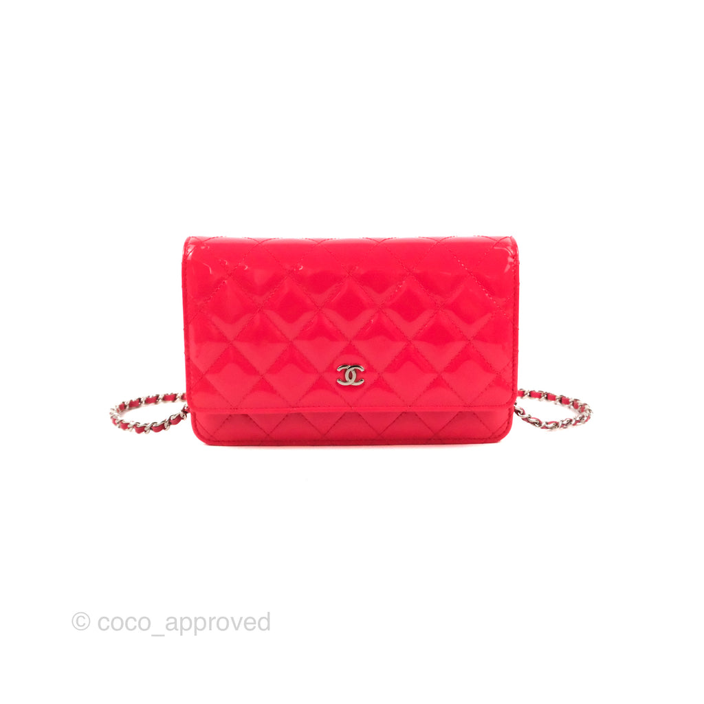 Chanel Quilted Classic Wallet on Chain WOC Dark Pink Patent Silver Hardware